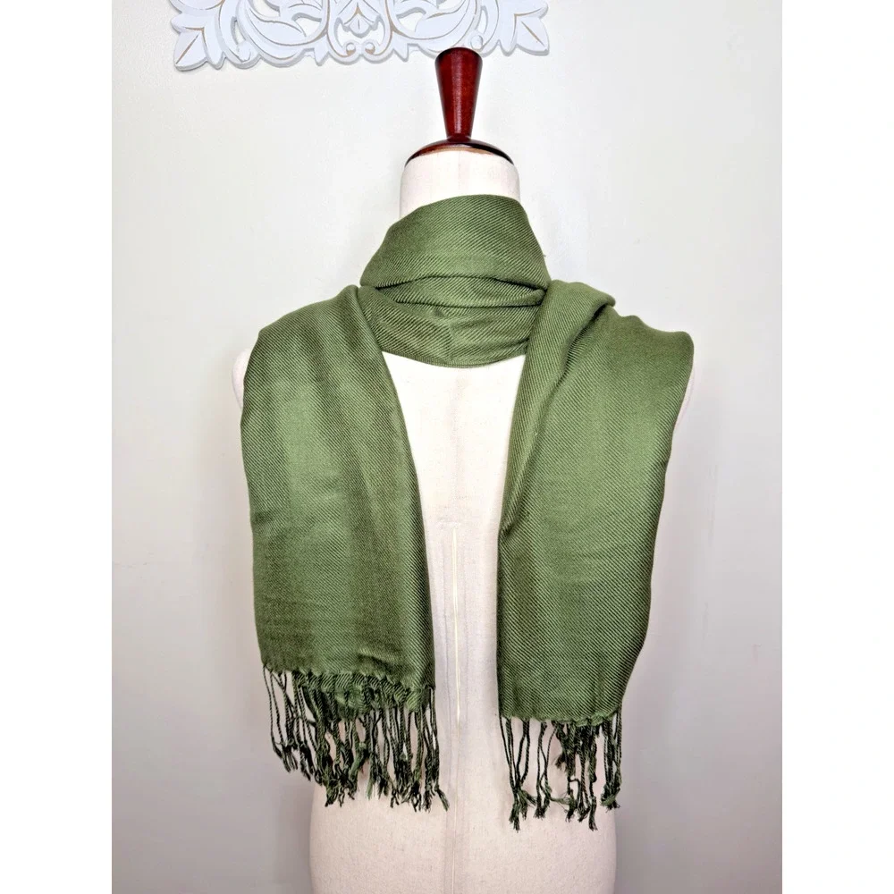 Olive Green Twill Scarf Long Rectangle Wrap Shawl Fringe Solid Green 80
